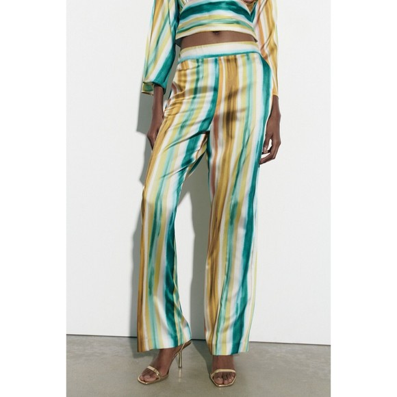 ZARA STRIPED PRINT STRAIGHT CUT PANTS NWT M RUNS M NEW - Picture 3 of 5